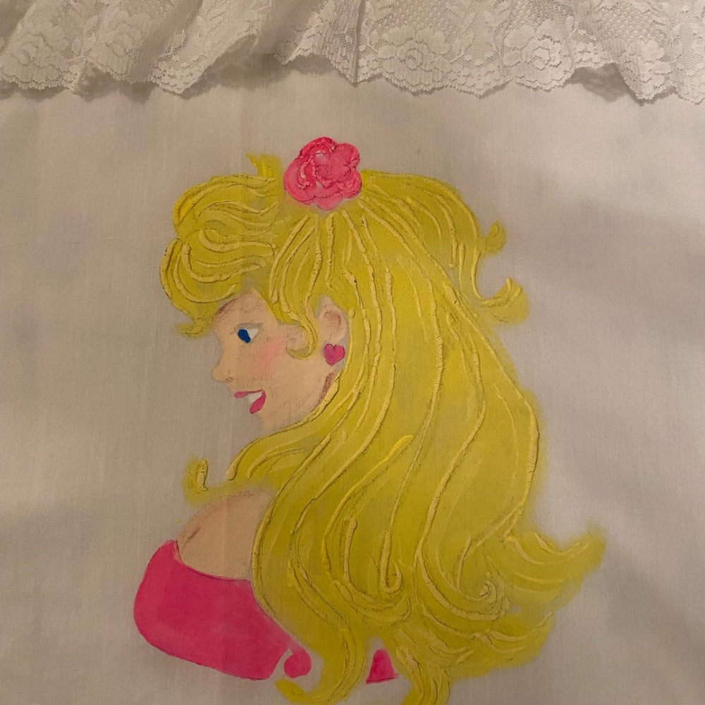 Vintage, Hand painted Barbie flat sheet,lace and ribbon trim,smoke free home.